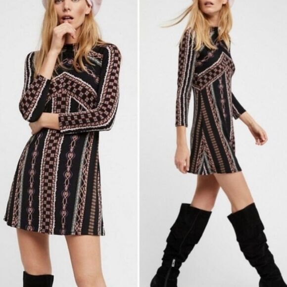 Free People Stella Knit Print Mini Dress Medium Boho 3/4 Sleeve Festival FLAW - Picture 1 of 9